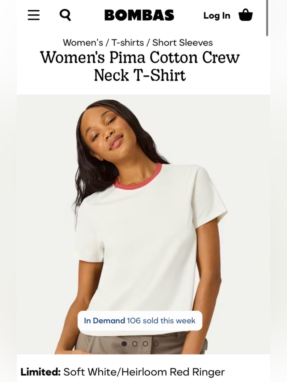 NEW NWT Bombas White Short-Sleeve Pima COTTON Tee SHIRT RED CREW Neck